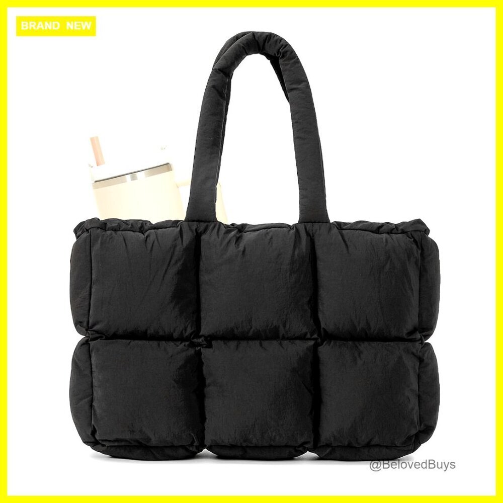 Large Puffer Tote Bag with Cup Holder, Laptop Sleeve, Lightweight Nylon